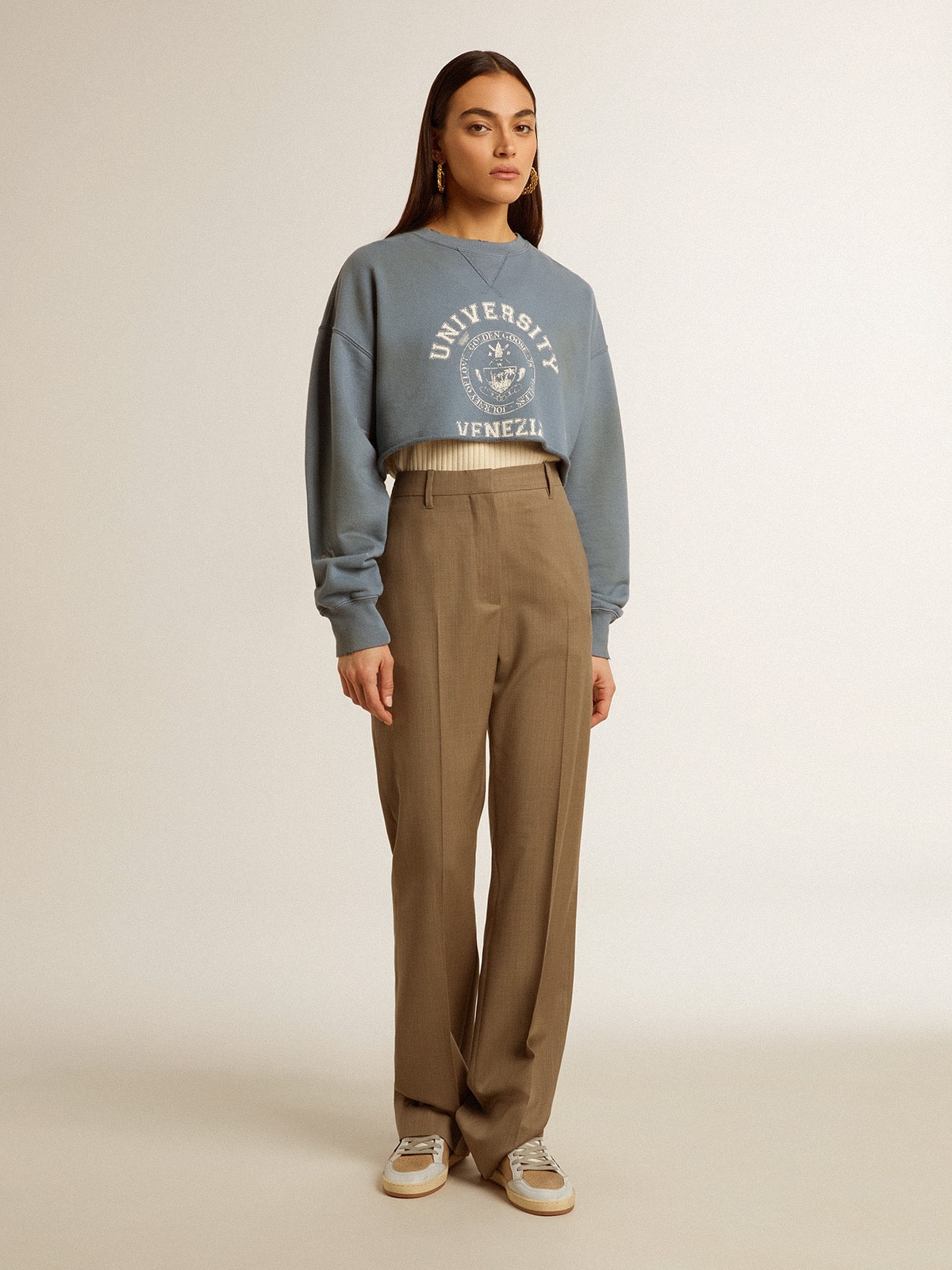 Cropped sweatshirt in baby blue with distressed finish - Golden Goose Women