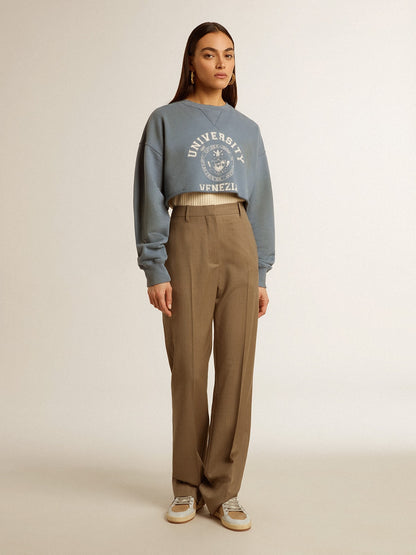 Cropped sweatshirt in baby blue with distressed finish - Golden Goose Women
