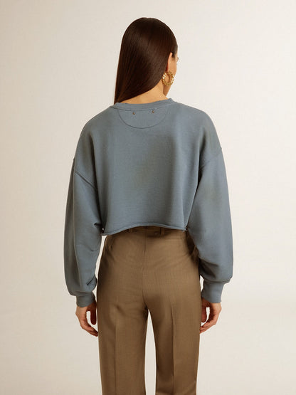 Cropped sweatshirt in baby blue with distressed finish - Golden Goose Women