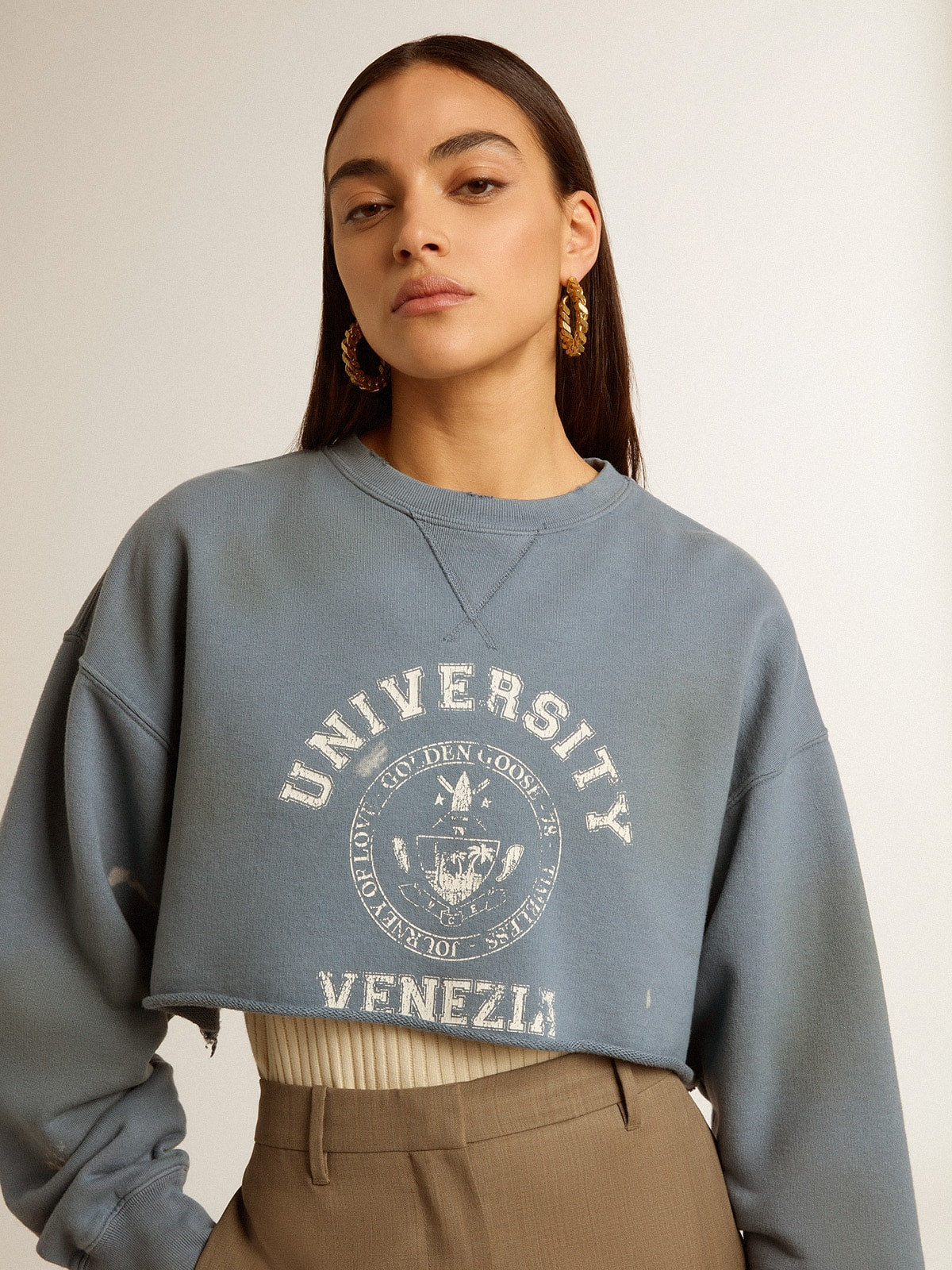 Cropped sweatshirt in baby blue with distressed finish - Golden Goose Women