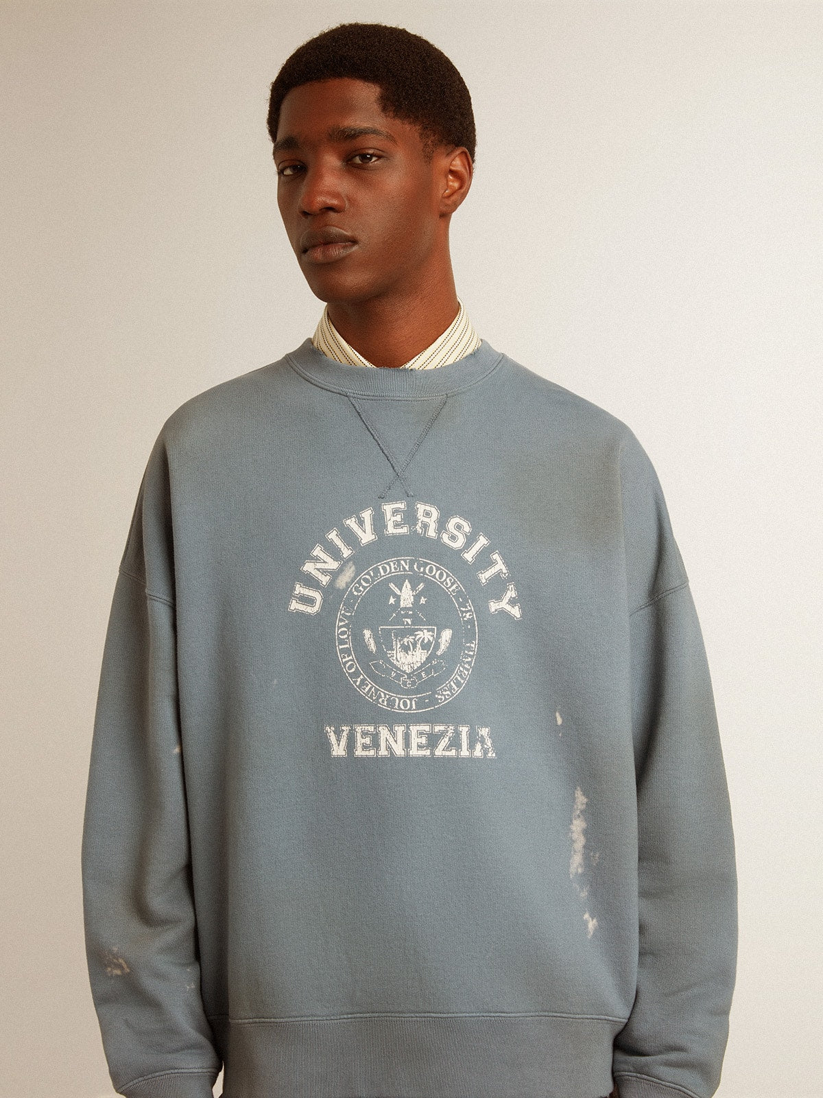Oversized sweatshirt in baby blue with distressed finish - Golden Goose Women|Men