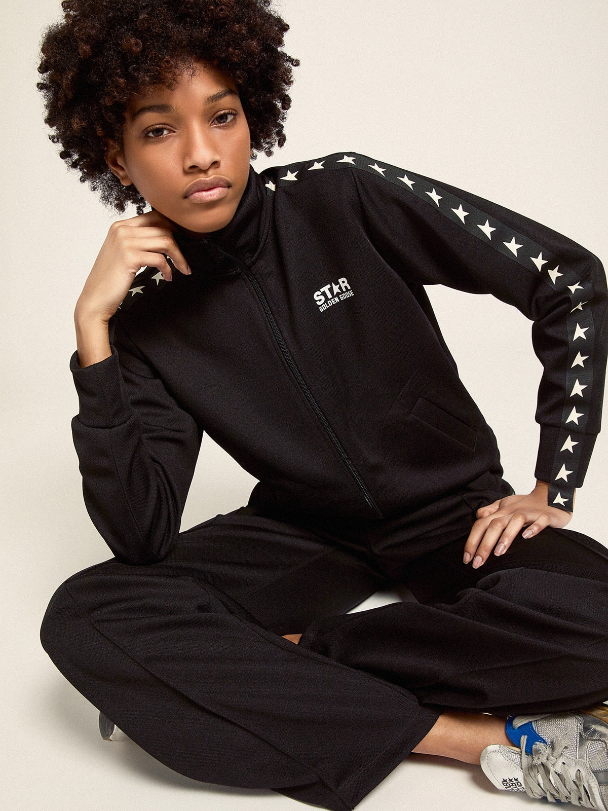 Women’s black zipped sweatshirt with white stars - Golden Goose Women