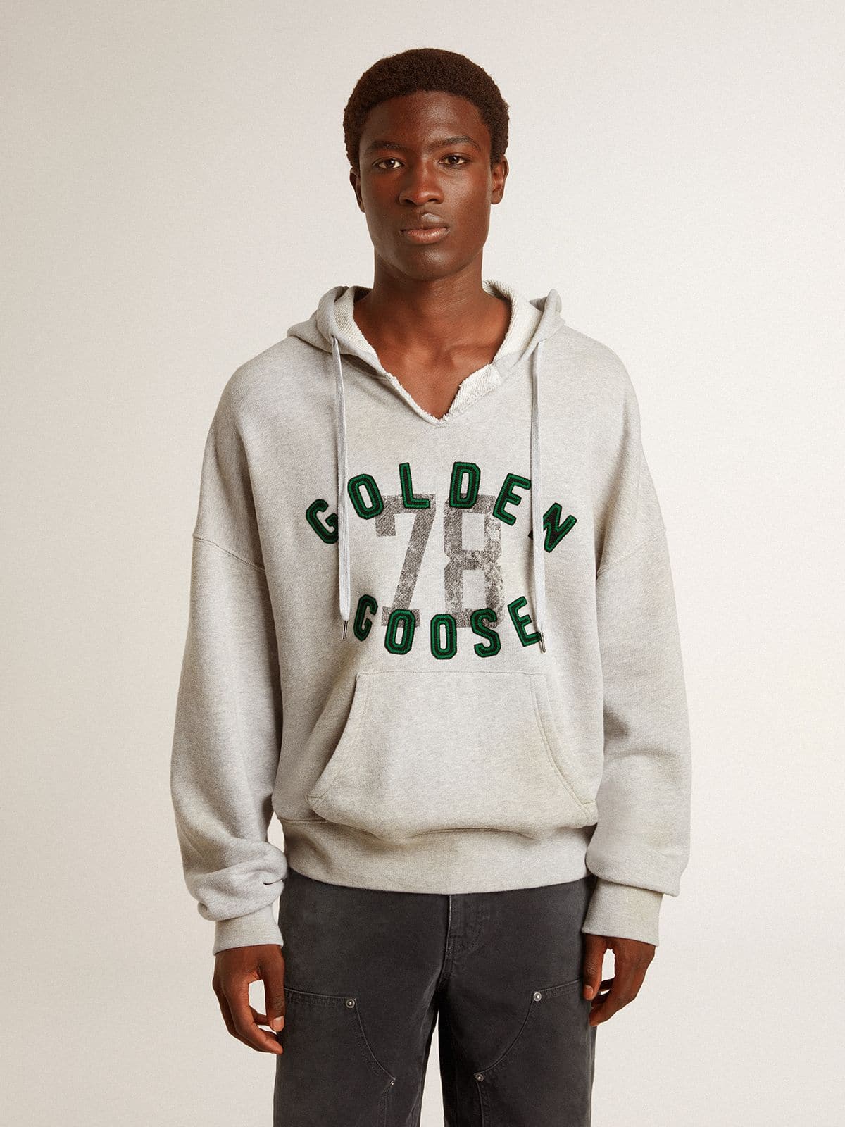 Hooded sweatshirt in worn gray with embroidered vintage logo - Golden Goose Women|Men