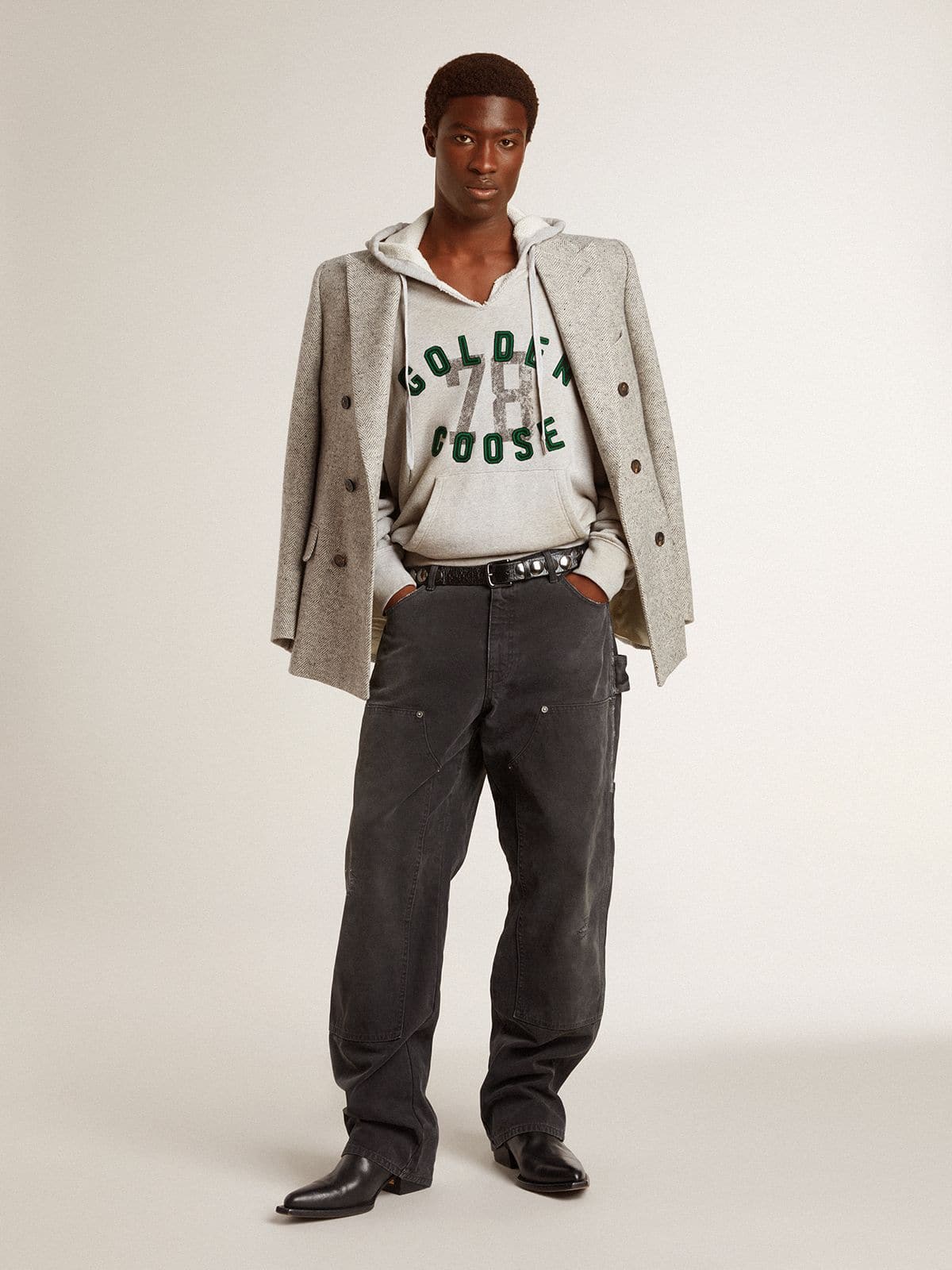 Hooded sweatshirt in worn gray with embroidered vintage logo - Golden Goose Women|Men