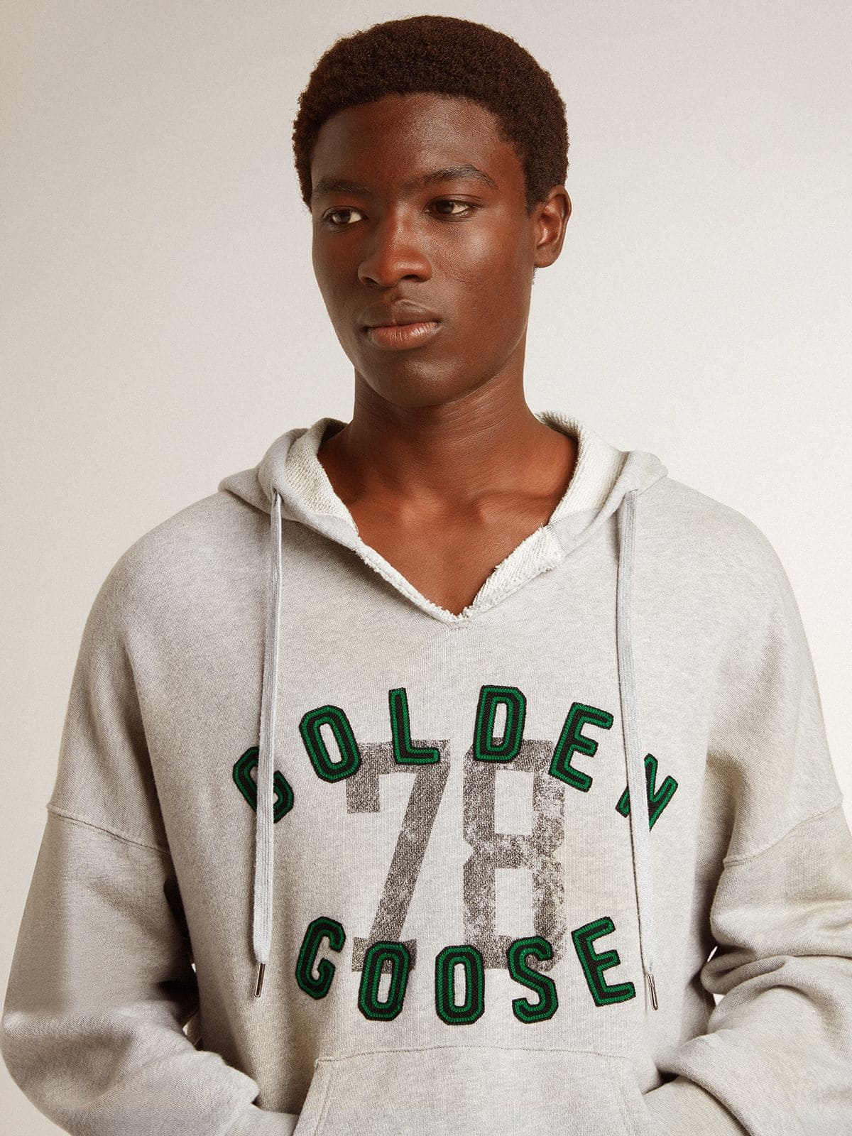 Hooded sweatshirt in worn gray with embroidered vintage logo - Golden Goose Women|Men