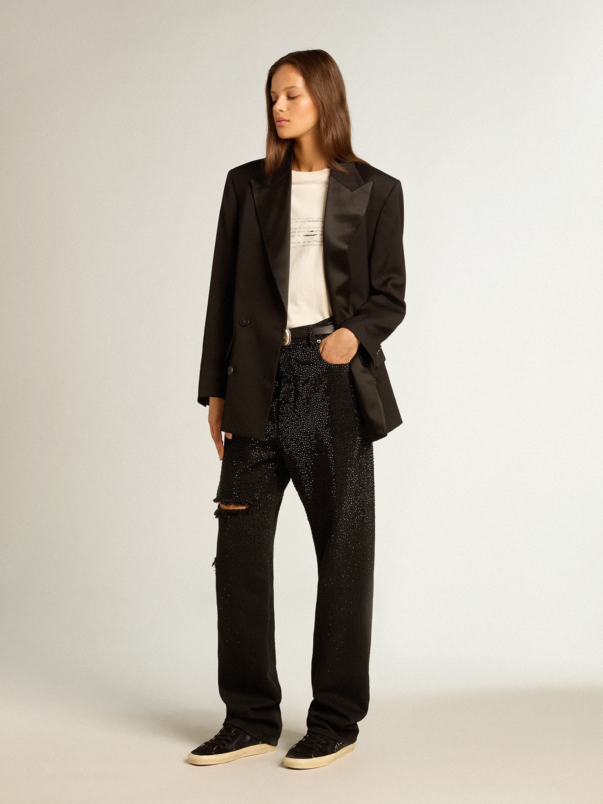 Women’s cotton denim pants with shaded-effect crystal decoration - Golden Goose Women