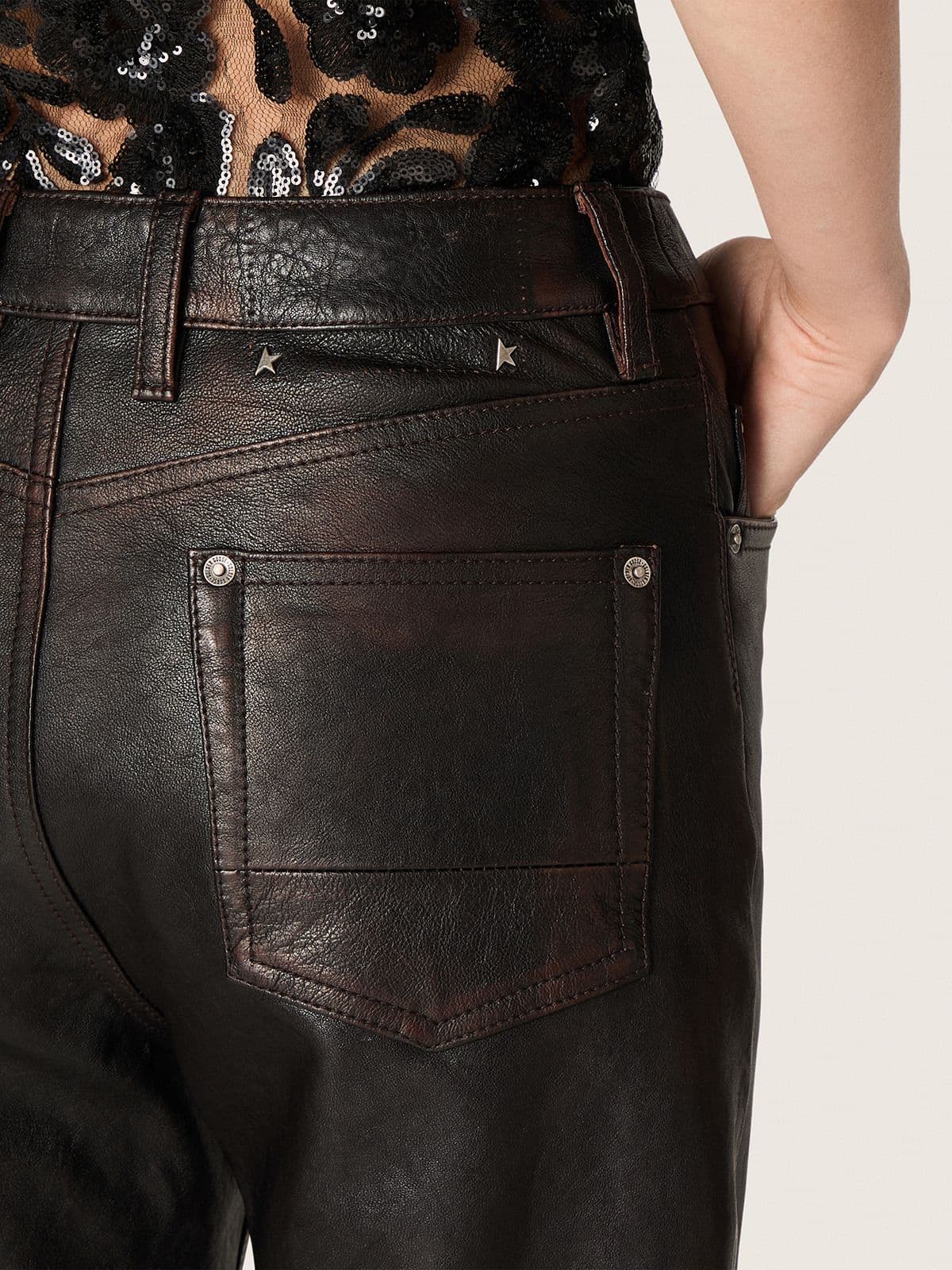 Women's pants in dark burgundy nappa with vintage finish - Golden Goose Women