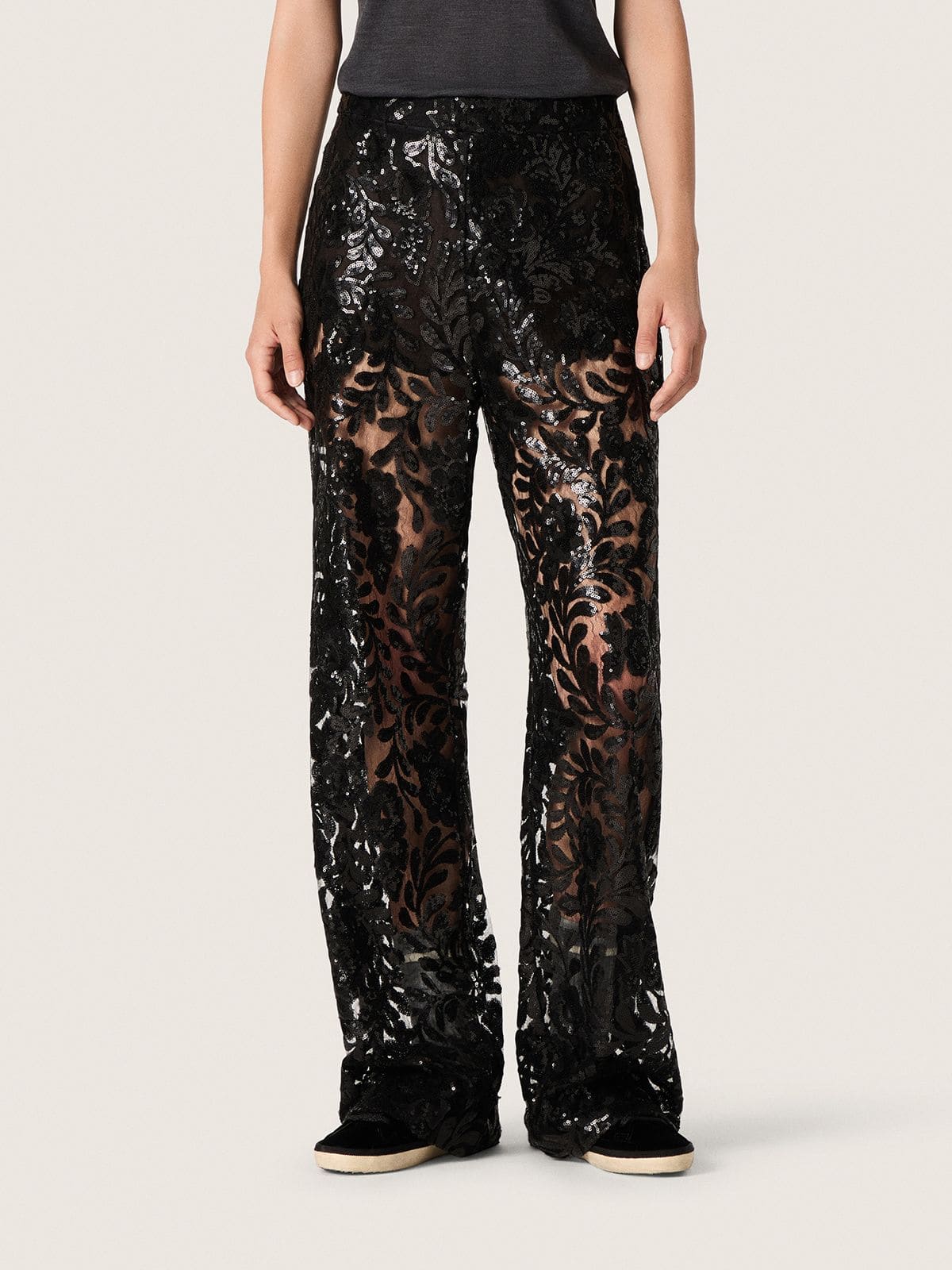 Women's tulle pants with floral embroidery in black sequins - Golden Goose Women