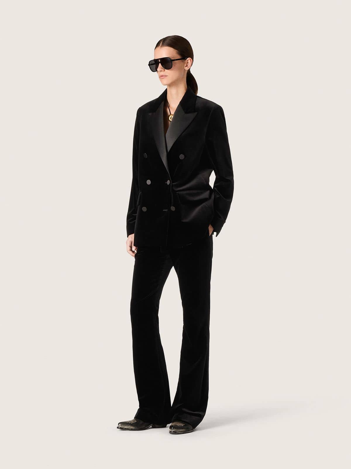 Women's slim-fit flared pants in black cotton velvet - Golden Goose Women