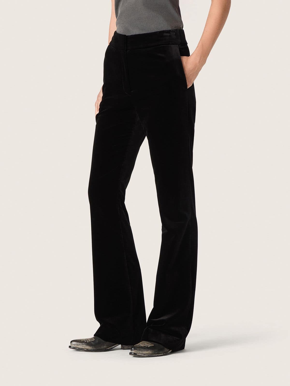 Women's slim-fit flared pants in black cotton velvet - Golden Goose Women
