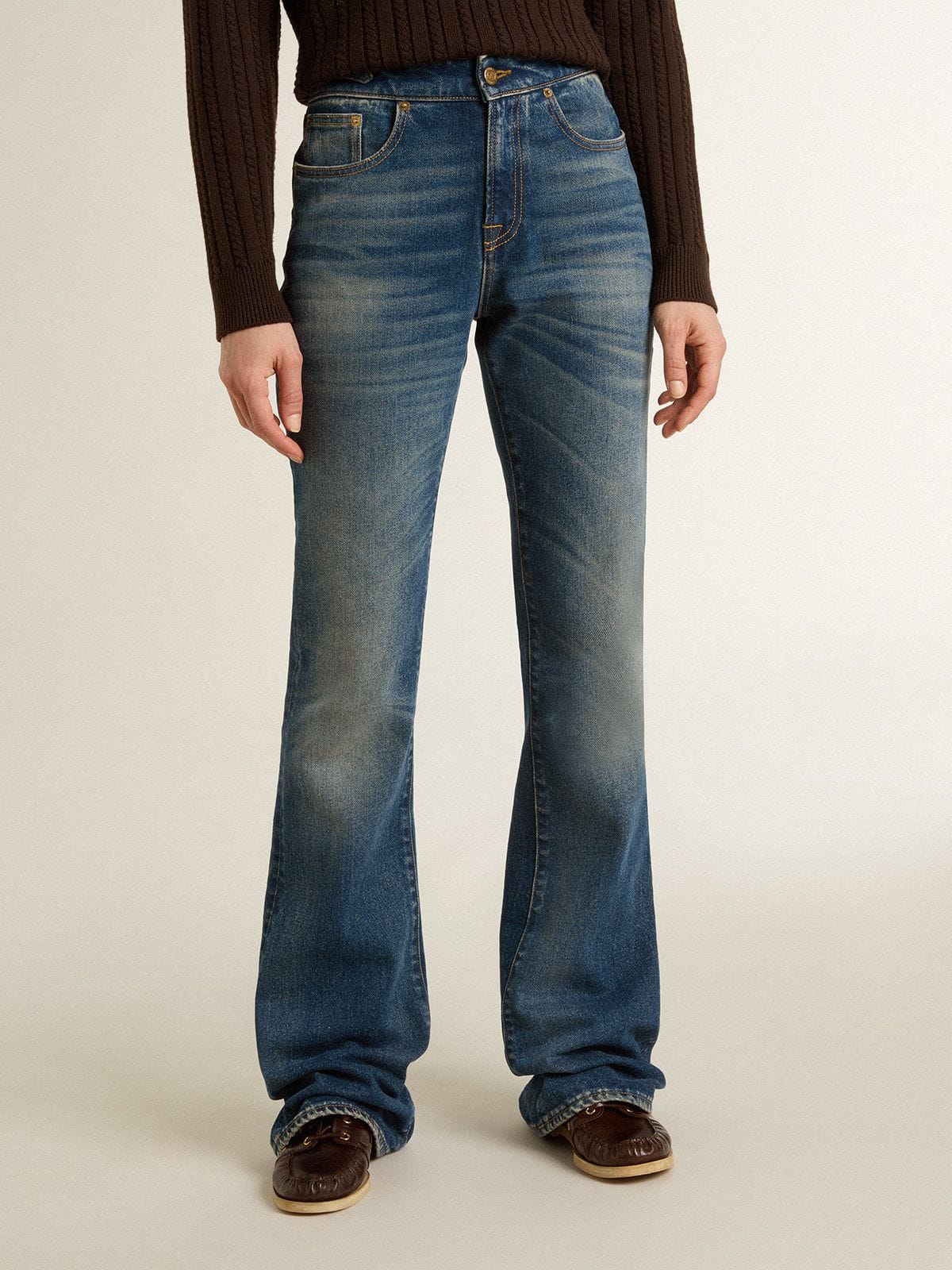 Women's bootcut jeans with a vintage wash and metallic details - Golden Goose Women