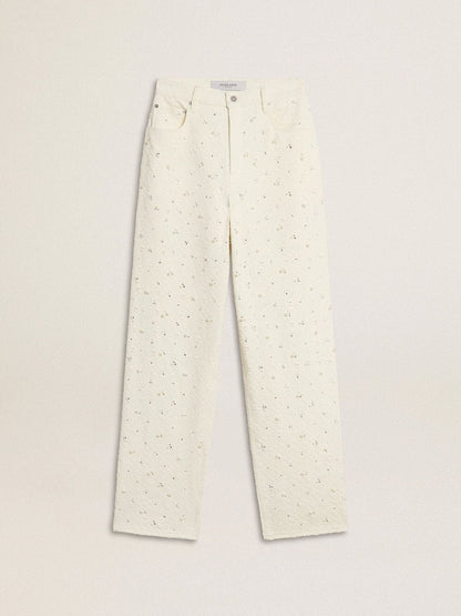 Women's white denim pants with beading and crystals - Golden Goose Women