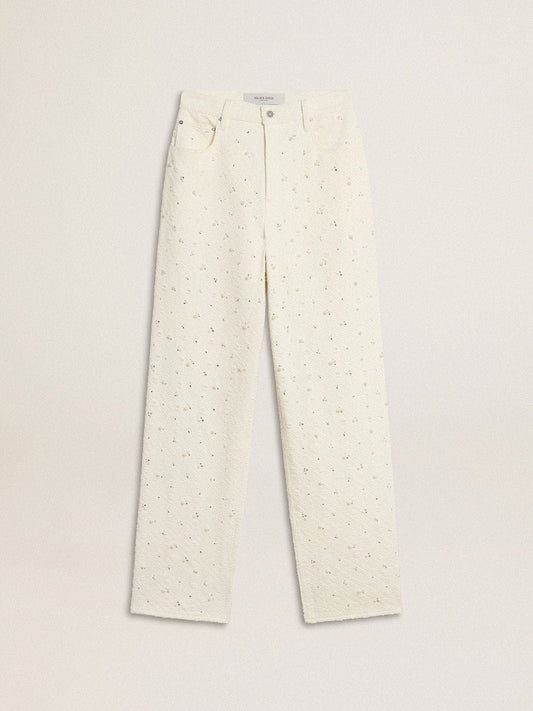 Women's white denim pants with beading and crystals - Golden Goose Women
