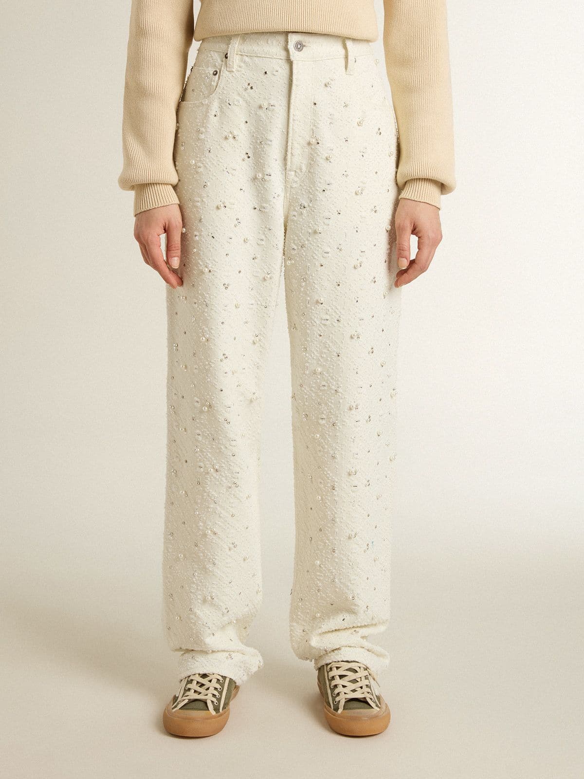 Women's white denim pants with beading and crystals - Golden Goose Women
