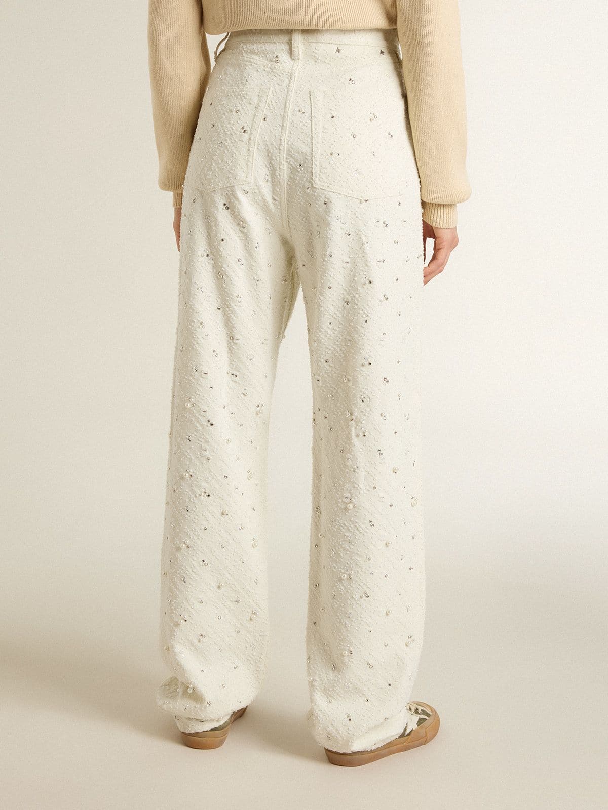 Women's white denim pants with beading and crystals - Golden Goose Women