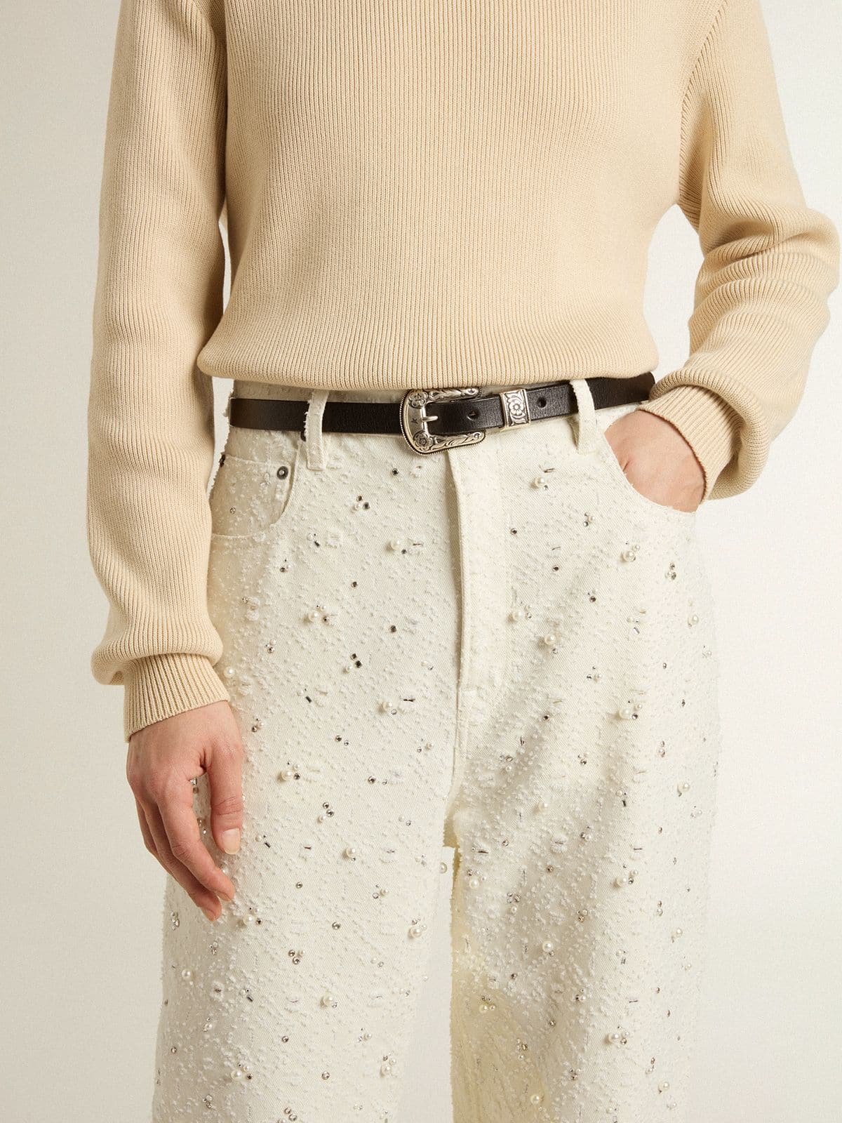 Women's white denim pants with beading and crystals - Golden Goose Women
