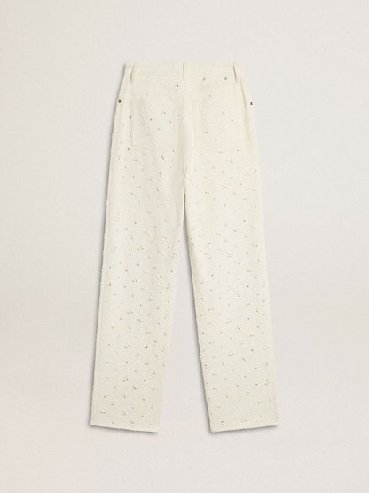 Women's white denim pants with beading and crystals - Golden Goose Women