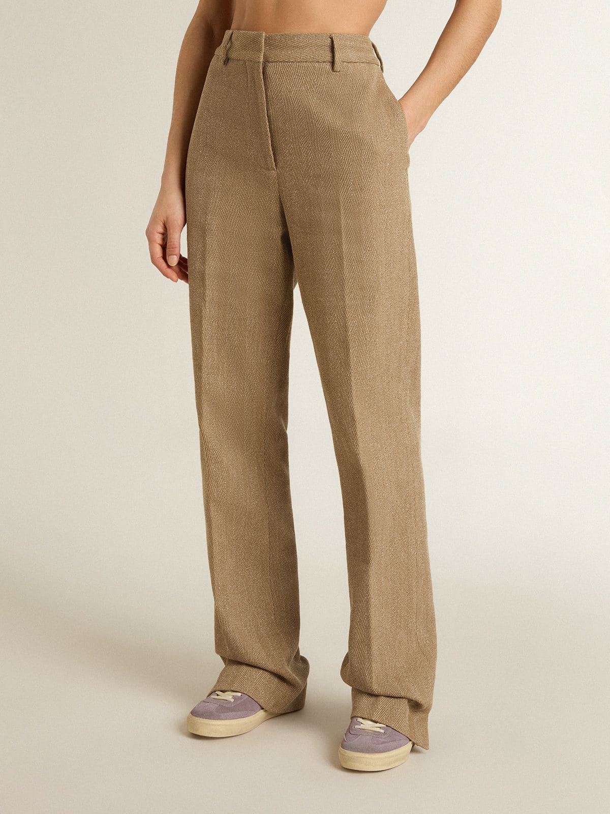Women's trousers in a sand-colored herringbone linen blend - Golden Goose Women