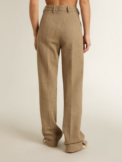 Women's trousers in a sand-colored herringbone linen blend - Golden Goose Women