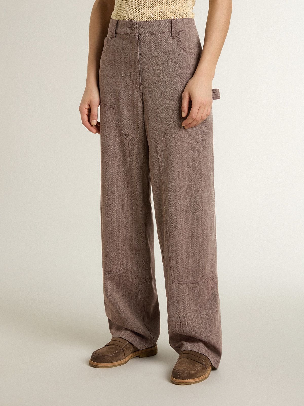 Women’s wool blend pants in light brown micro chevron - Golden Goose Women