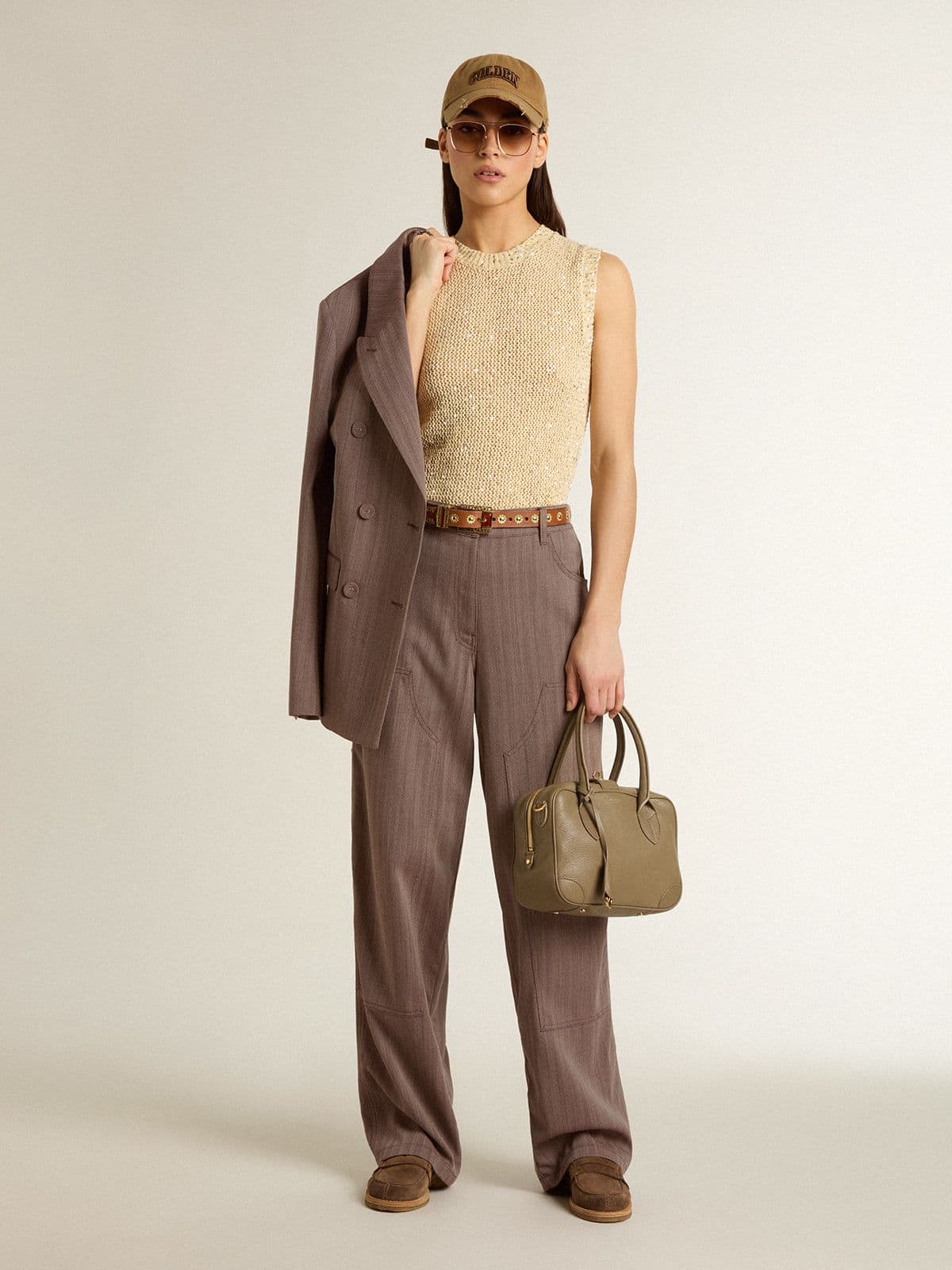 Women’s wool blend pants in light brown micro chevron - Golden Goose Women