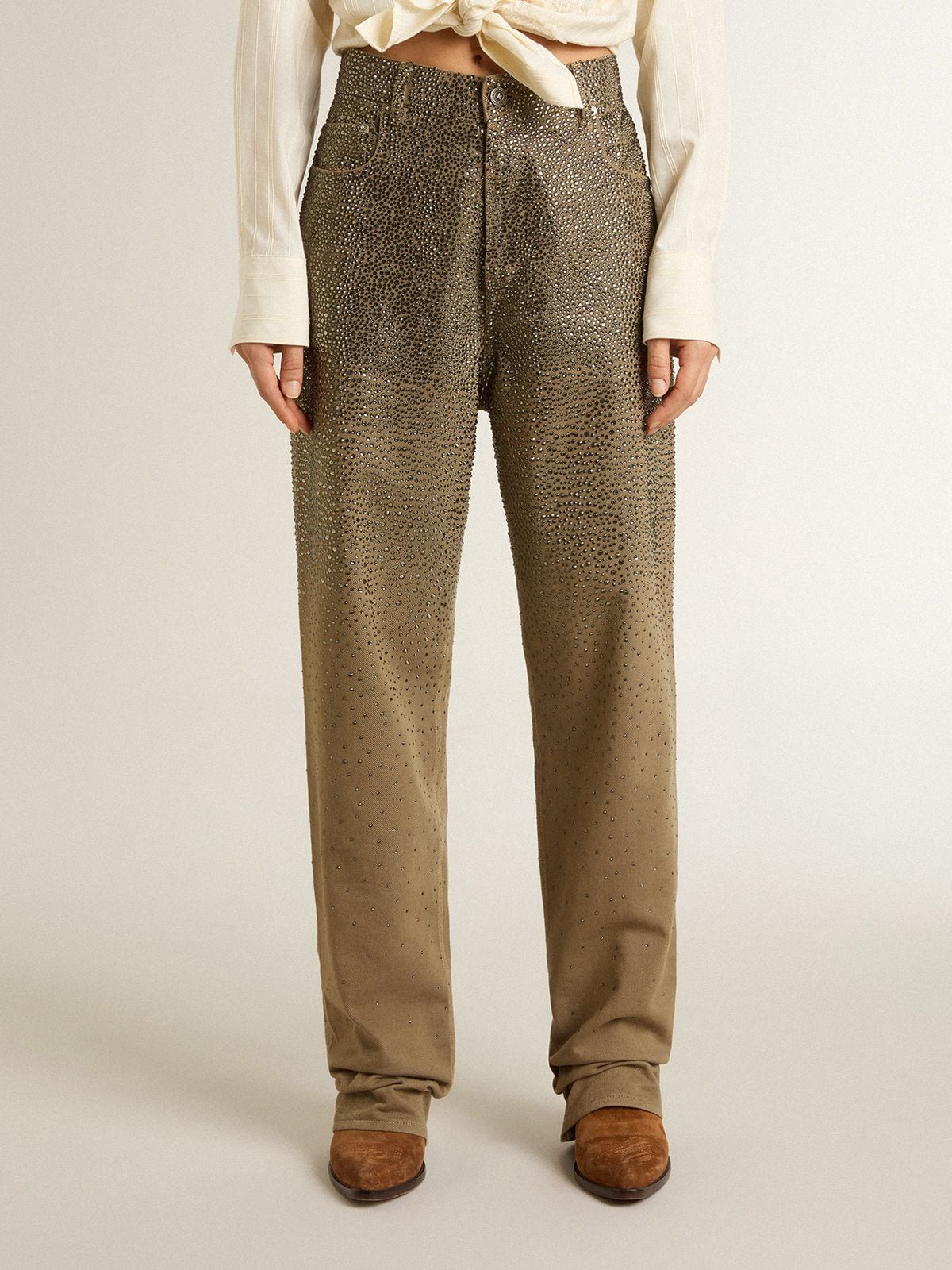 Women's khaki cotton pants with gradient Swarovski effect - Golden Goose Women