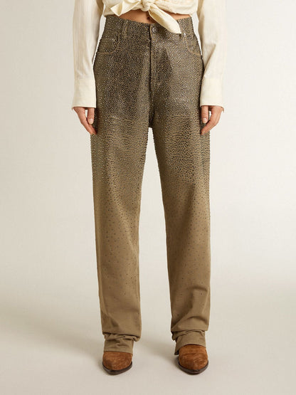 Women's khaki cotton pants with gradient Swarovski effect - Golden Goose Women