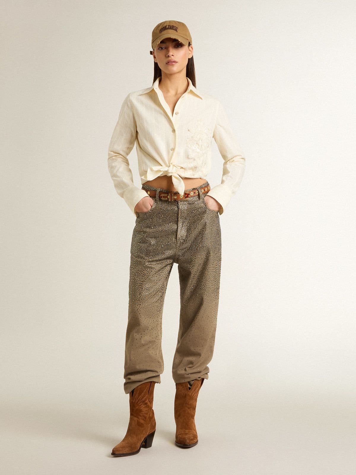 Women's khaki cotton pants with gradient Swarovski effect - Golden Goose Women