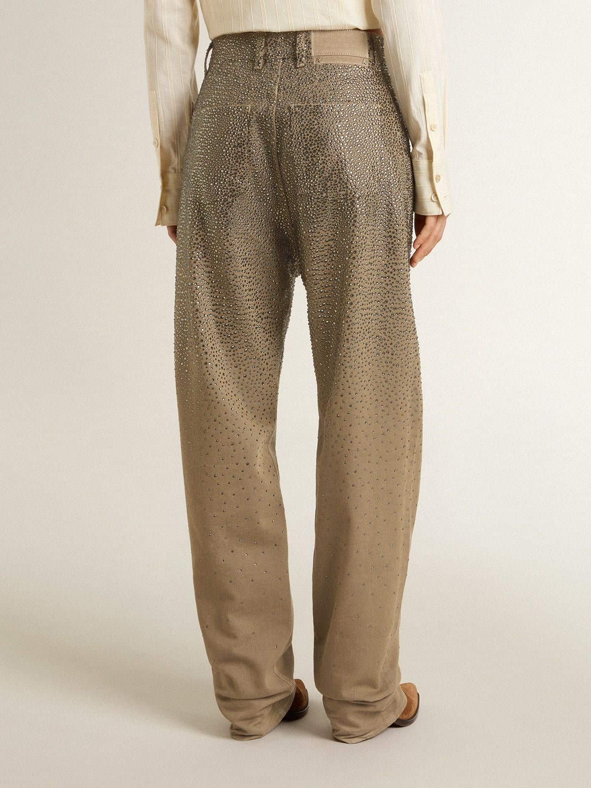 Women's khaki cotton pants with gradient Swarovski effect - Golden Goose Women