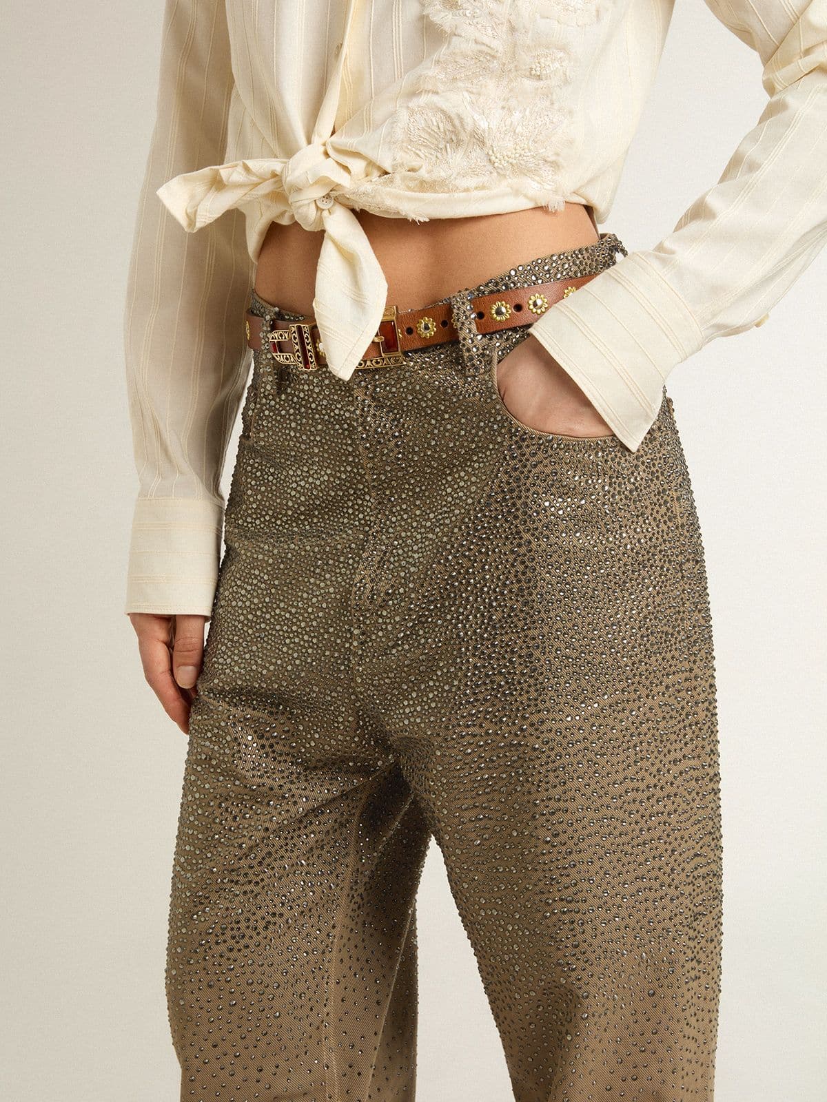 Women's khaki cotton pants with gradient Swarovski effect - Golden Goose Women