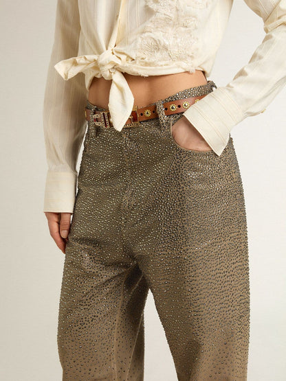 Women's khaki cotton pants with gradient Swarovski effect - Golden Goose Women