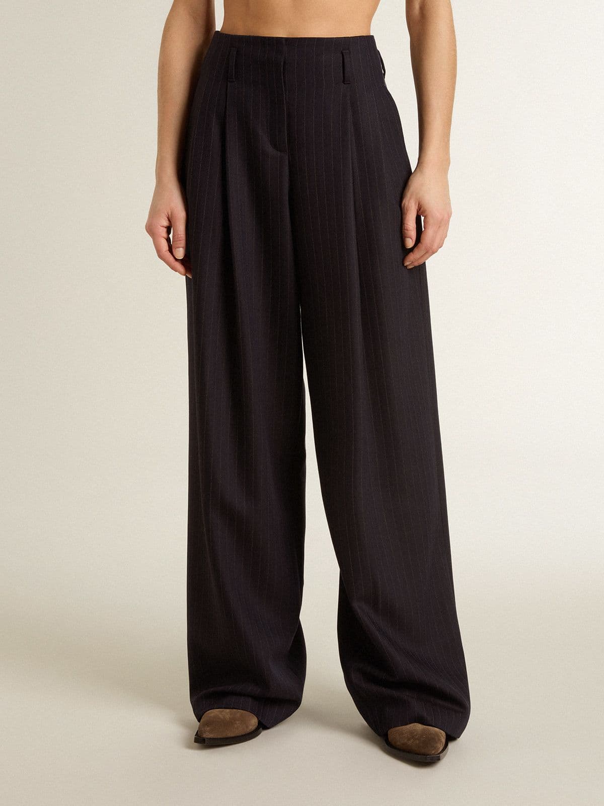 Women’s dark blue tailored trousers with vertical stripe - Golden Goose Women