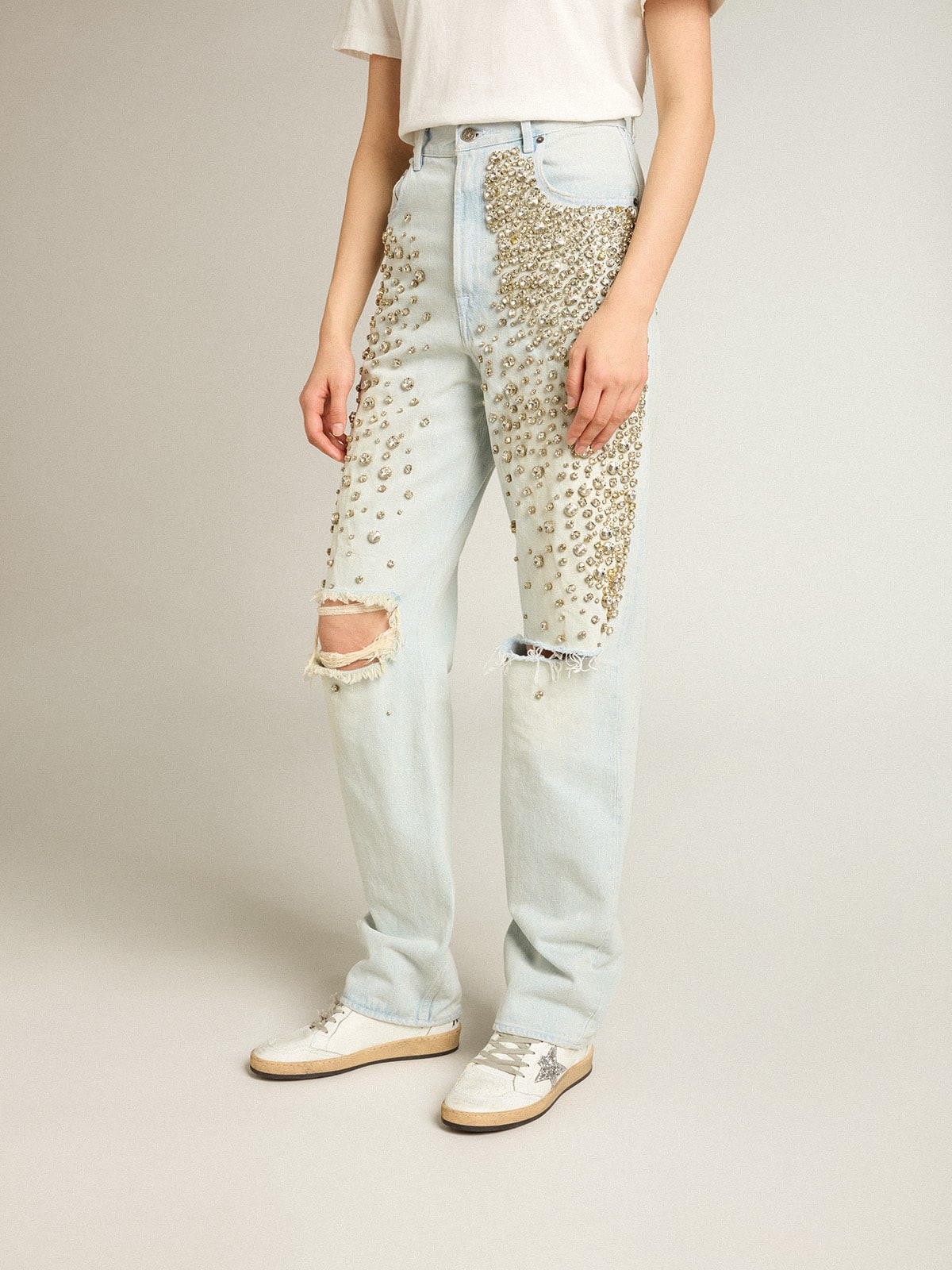 Women's bleached jeans with cabochon crystals - Golden Goose Women