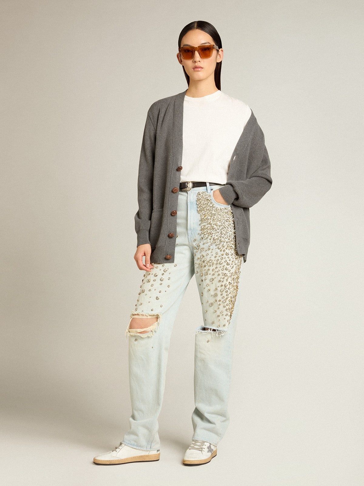 Women's bleached jeans with cabochon crystals - Golden Goose Women