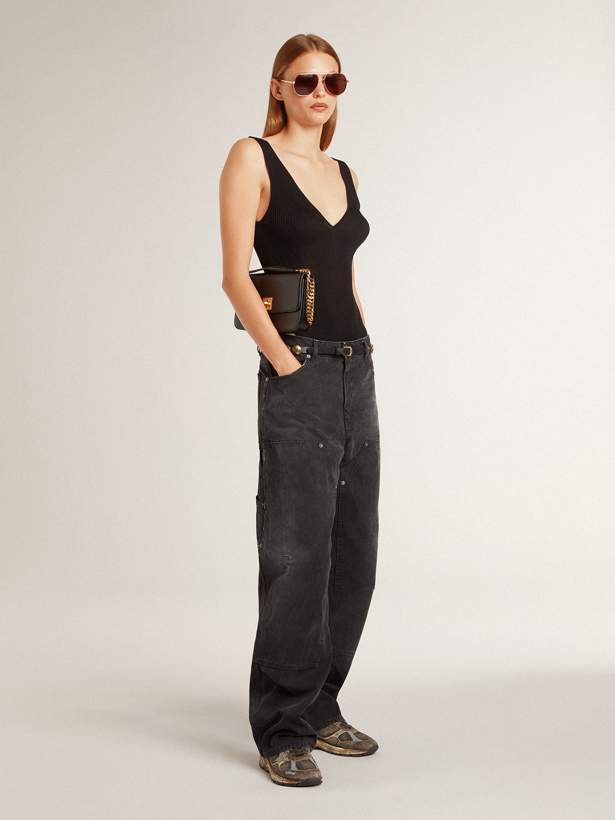 Women's distressed black cotton jeans with front patches - Golden Goose Women