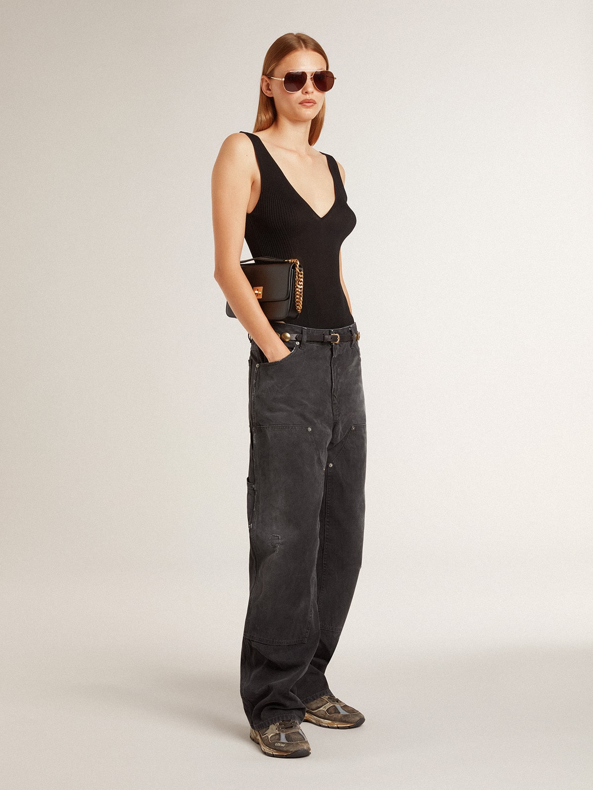 Women's distressed black cotton jeans with front patches - Golden Goose Women