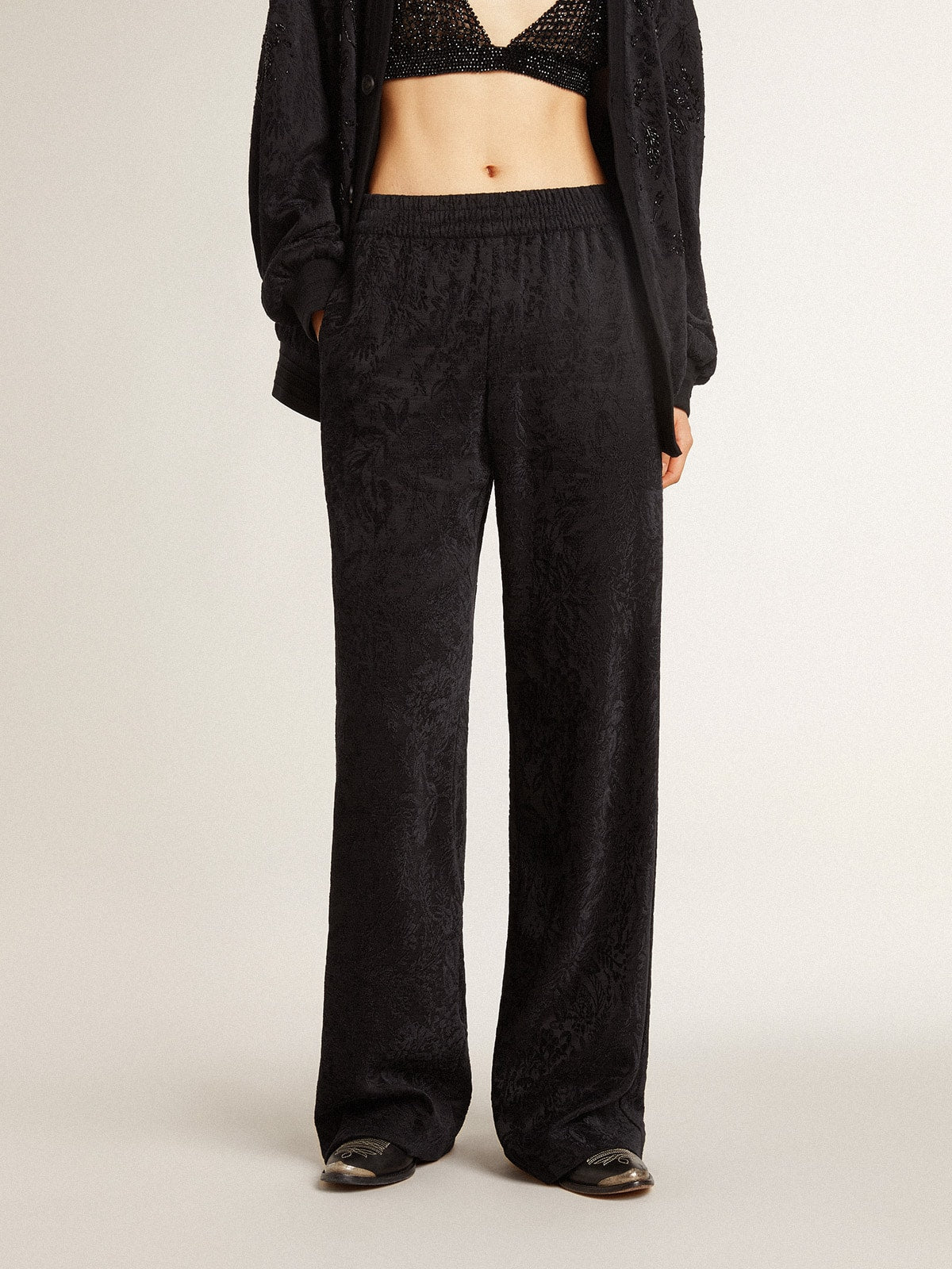 Women's black joggers with a tone-on-tone toile de jouy print - Golden Goose Women