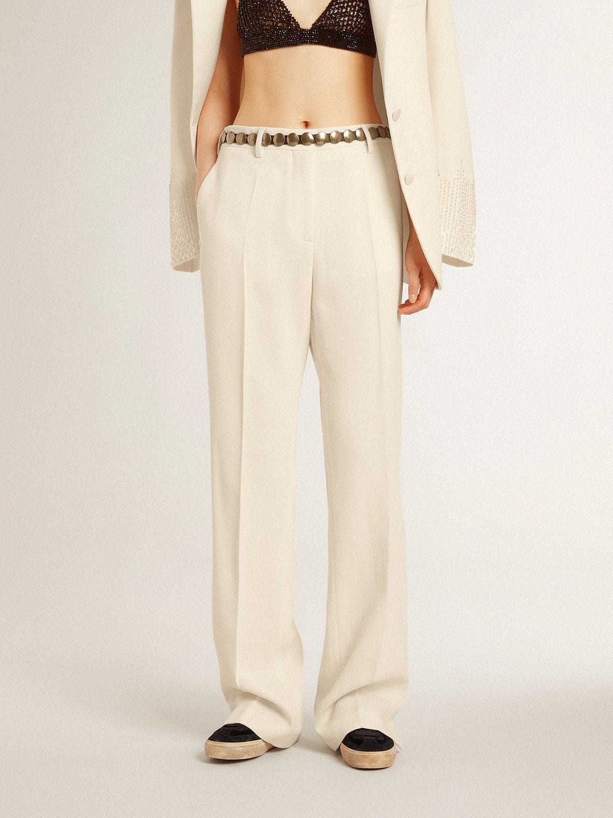 Women's loose pants in worn-white tailored fabric - Golden Goose Women