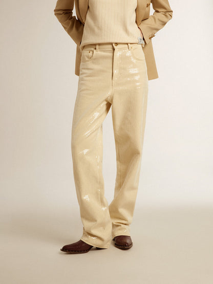 Ecru pants with transparent all-over sequins - Golden Goose Women