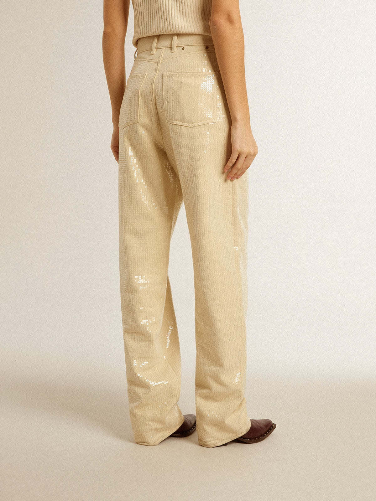 Ecru pants with transparent all-over sequins - Golden Goose Women