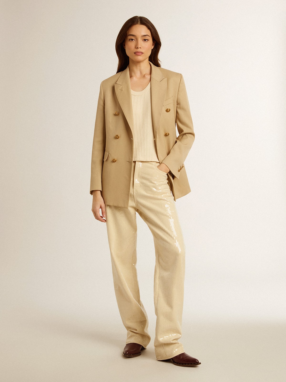 Ecru pants with transparent all-over sequins - Golden Goose Women