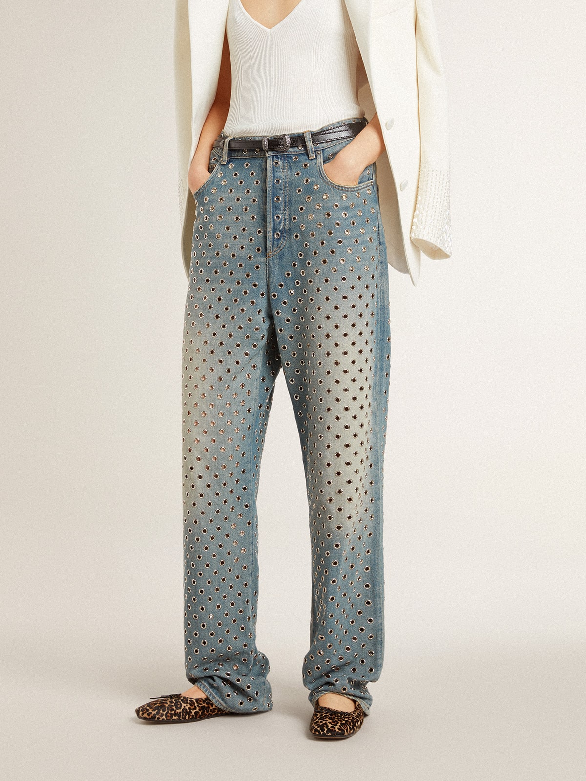 Women's washed jeans with all-over eyelets - Golden Goose Women