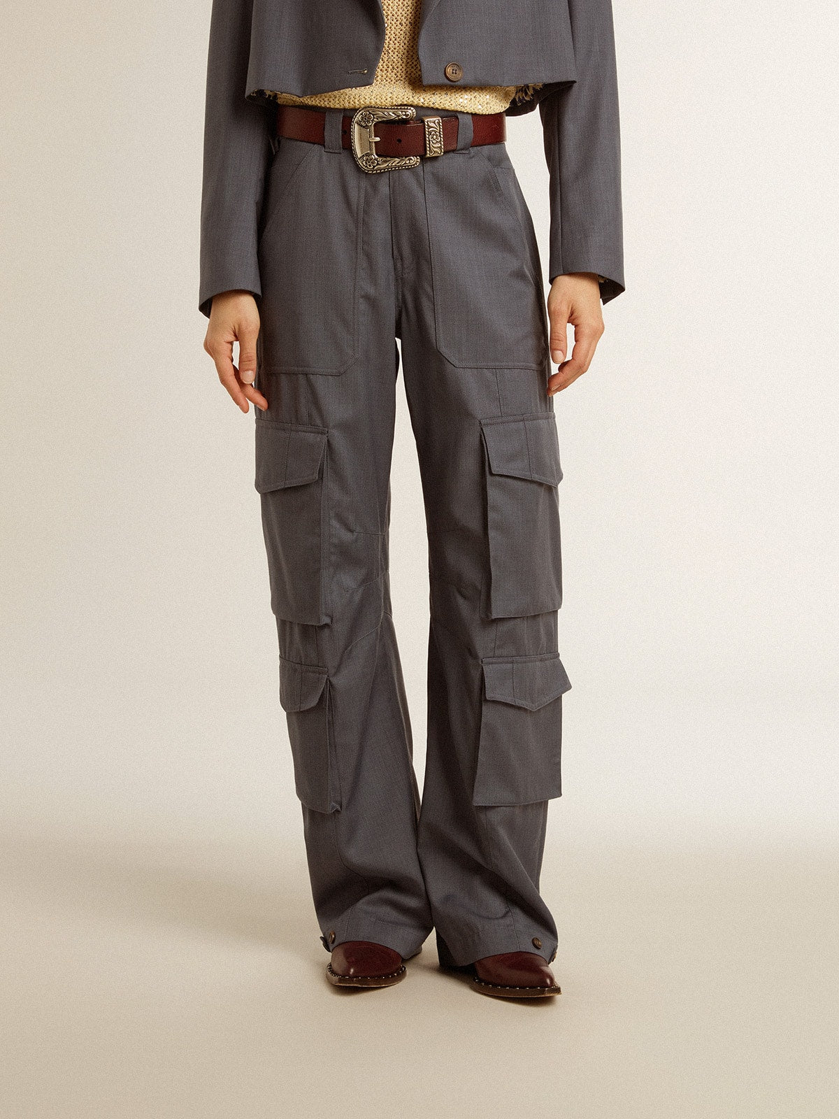 Women's cargo pants in baby blue wool - Golden Goose Women