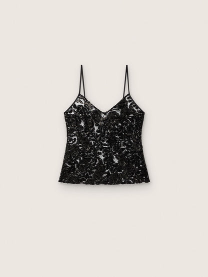 Women's top in black tulle with floral pattern in black sequins - Golden Goose Women