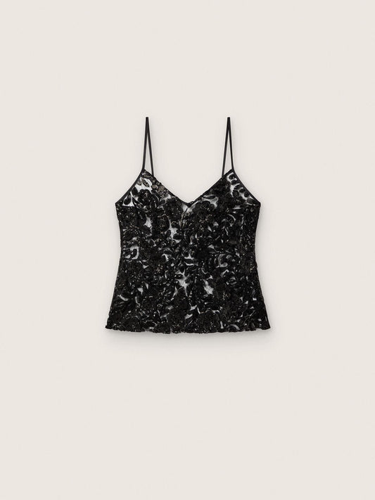 Women's top in black tulle with floral pattern in black sequins - Golden Goose Women