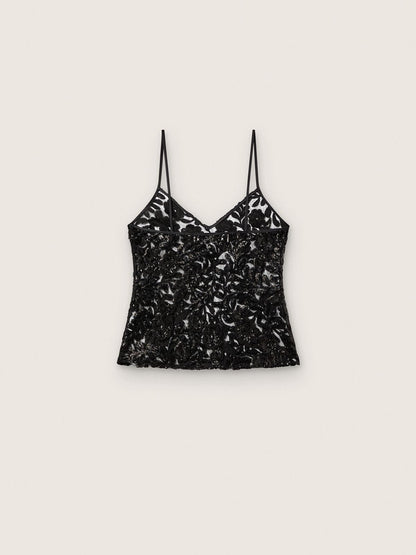 Women's top in black tulle with floral pattern in black sequins - Golden Goose Women