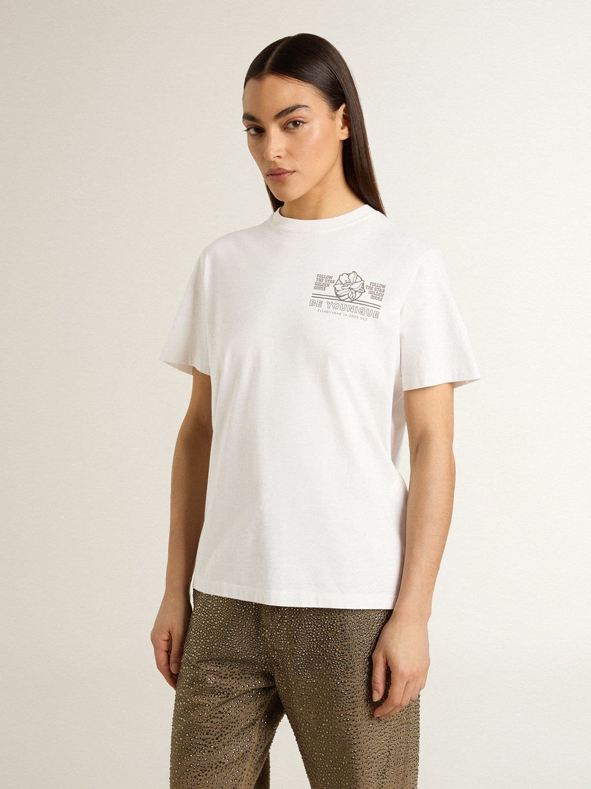 Women's white T-shirt with black print on the chest - Golden Goose Women