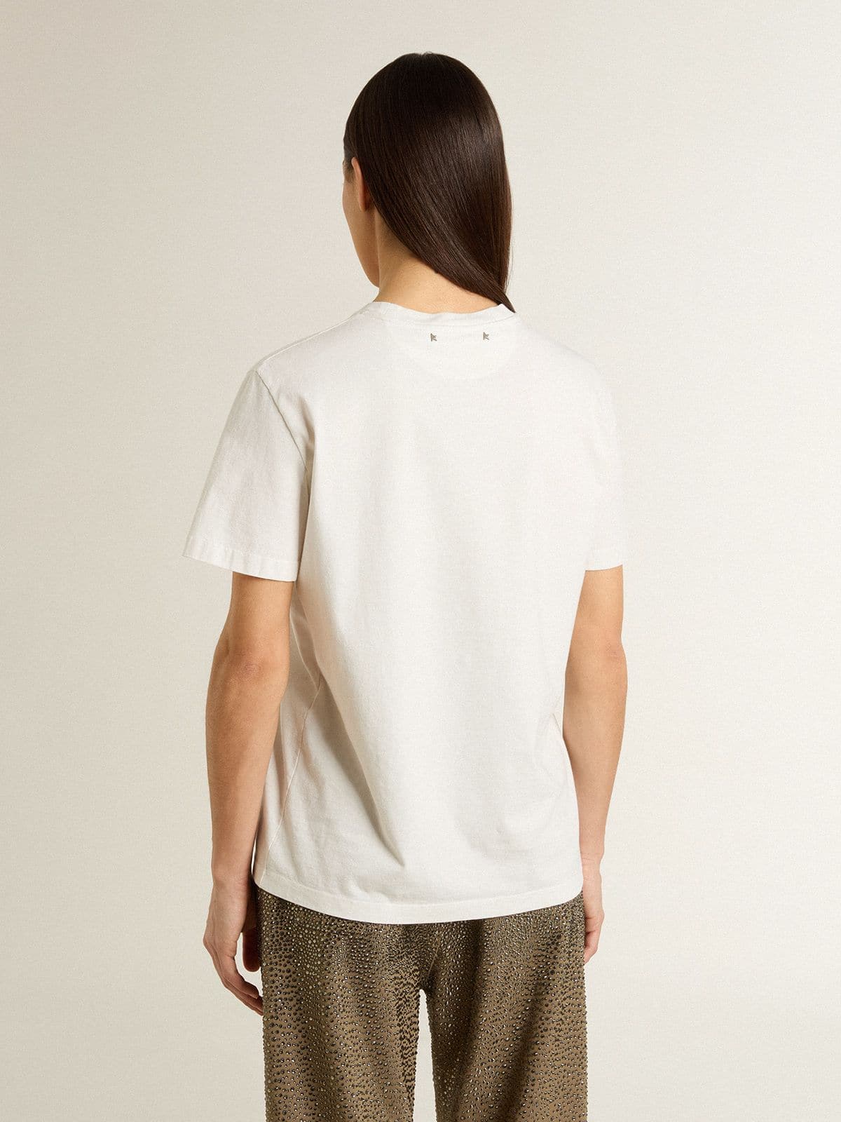 Women's white T-shirt with black print on the chest - Golden Goose Women