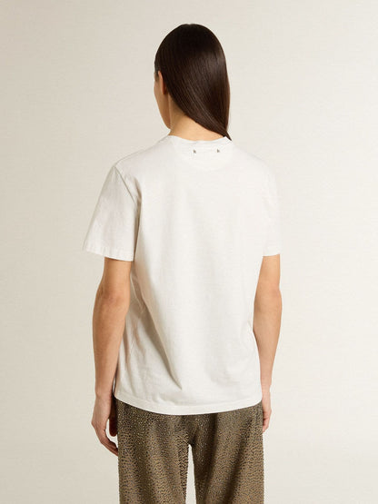 Women's white T-shirt with black print on the chest - Golden Goose Women