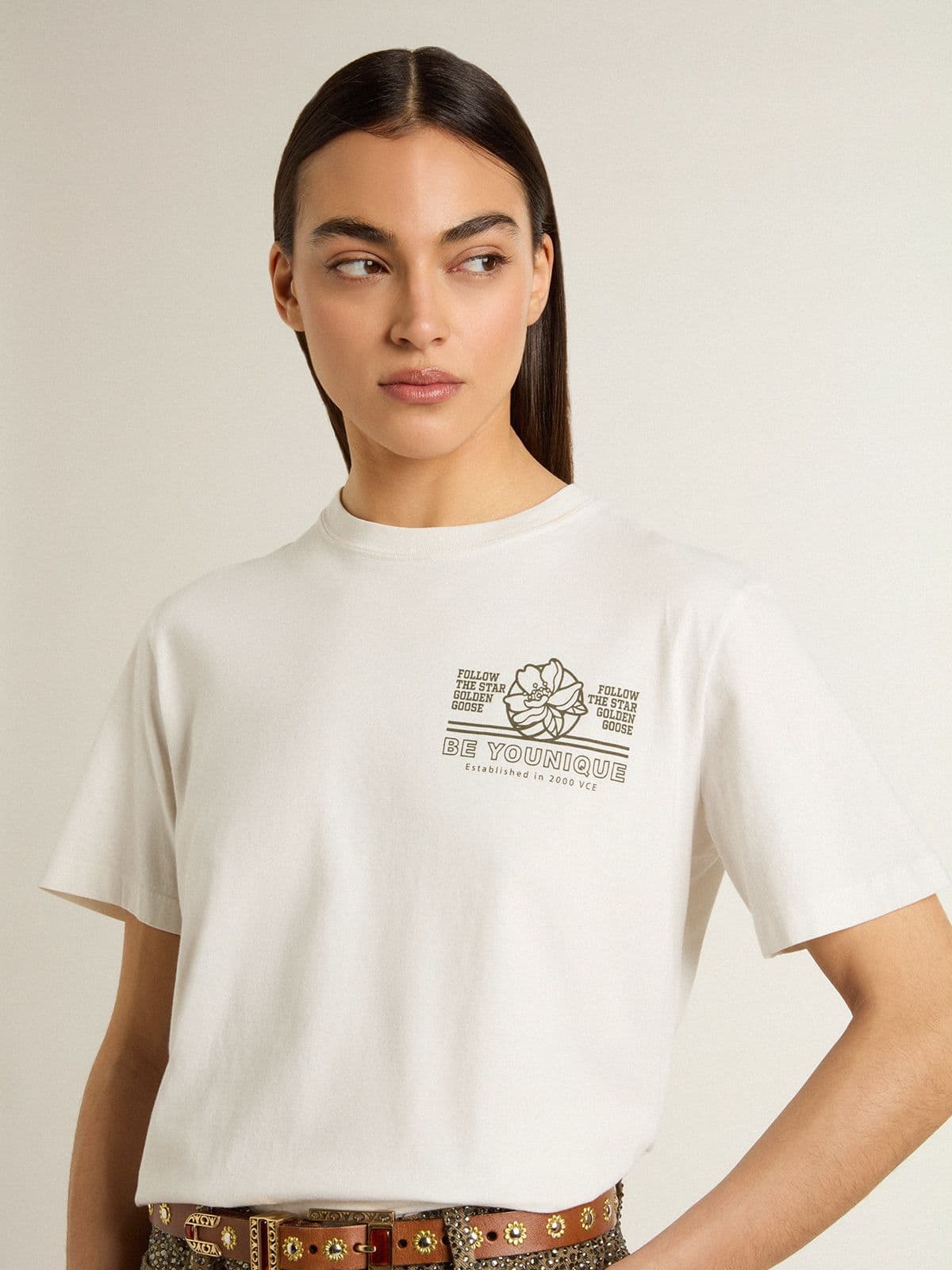 Women's white T-shirt with black print on the chest - Golden Goose Women